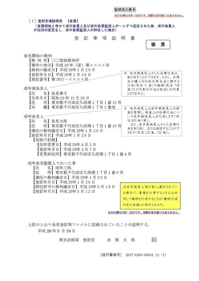 成年後見の登記事項証明書の見本