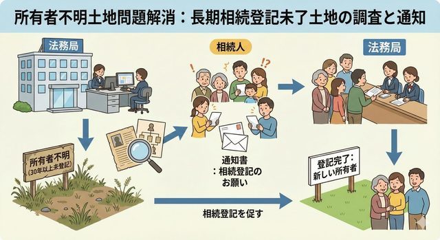 所有者不明土地問題解消：長期相続登記未了土地の調査と通知