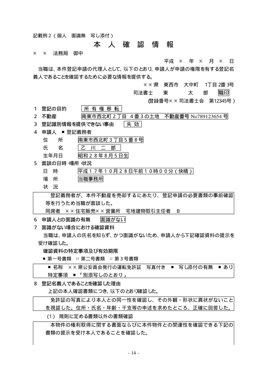 本人確認情報の見本（記載例2）個人・面識なし・運転免許証の写しを添付したケース