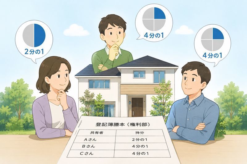 共有名義の仕組み:1つの家を3人(配偶者2分の1・子各4分の1)の持分で共有し、登記簿の権利部に共有者A・B・Cさんと持分が並記されるイメージ